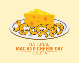 National Mac and Cheese Day vector. Macaroni and Cheese vector. Pasta with cheese icon. Piece of cheese vector. American delicacy food vector. Mac and Cheese Day Poster, July 14.