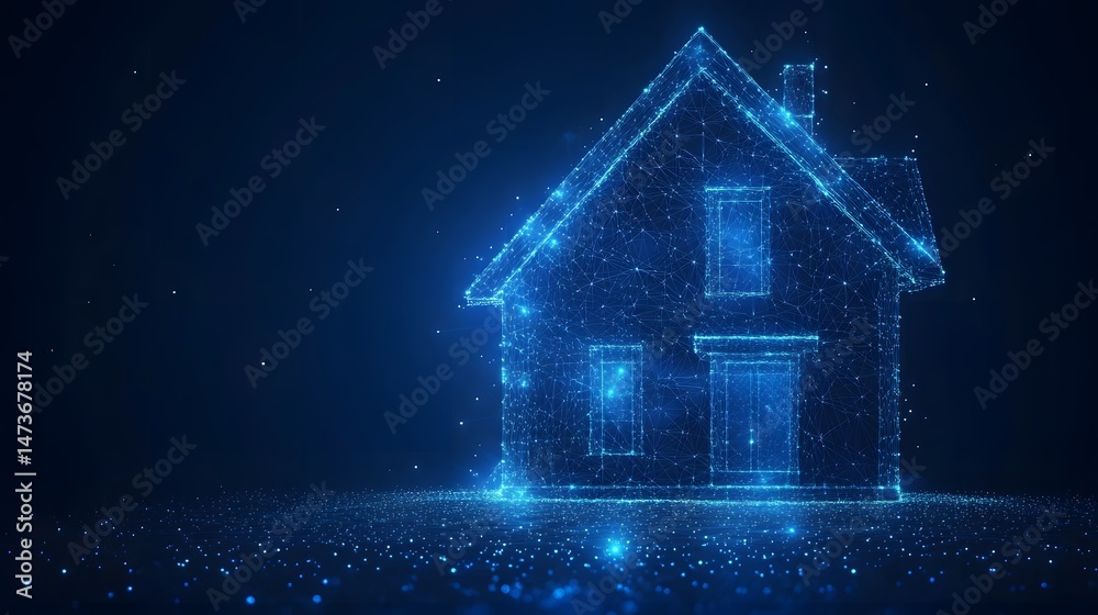 Fototapete Futuristic digital house rendered in luminous blue lines against a dark backdrop. A smart home concept visualizing modern architecture and connected tech. Abstract wireframe in dark blue.