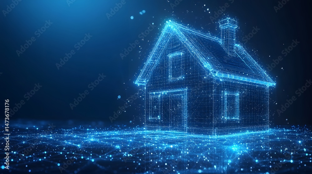 Aufkleber stylized blue wireframe house glows atop a network of interconnected nodes and lines, radiating tech