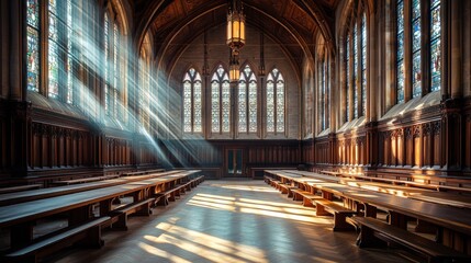 Sunlight streaming through stained glass windows in a grand hall during late afternoon