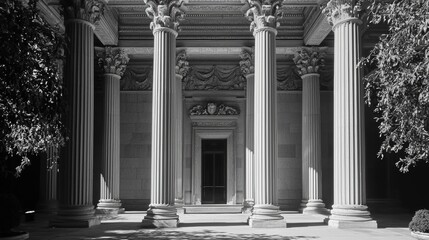 Obraz premium Architectural details of a grand colonnade showcasing classical design in a peaceful outdoor setting