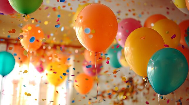 Vibrant first birthday celebration scene with multicolor balloons, shimmering confetti and playful party décor on bright backdrop, perfect banner or invitation for cheerful toddler milestone event