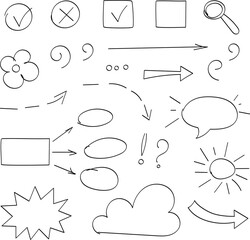 Hand drawn infographic elements for education, school, office. Hand drawn doodle grunge icons, diagrams, circles, arrows, check marks, numbers, figures, cross, square and other