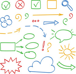 Hand drawn infographic elements for education, school, office. Hand drawn doodle grunge icons, diagrams, circles, arrows, check marks, numbers, figures, cross, square and other