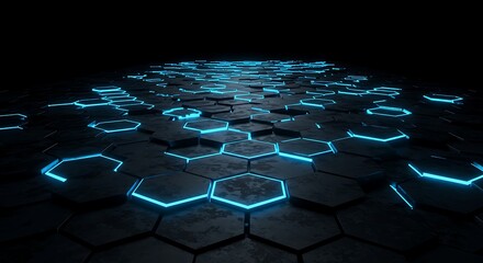 Obraz premium Abstract dark hexagonal grid with glowing blue lights