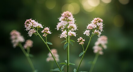 Fototapeta premium Delicate Valerian Plant with Pale Blossoms and Green Stems in Soft Focus Lush Foliage Background a Serene Early Summer Macro View