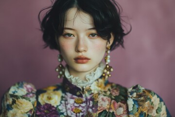 Portrait of an Asian Woman with Floral Dress and Pearl Earrings on Pink Background