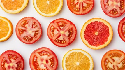 Colorful slices of tomatoes and citrus fruits arranged in a neat, repeating pattern on a white background.