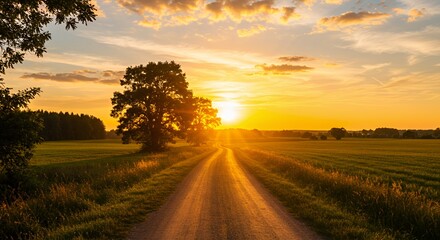 Fototapeta premium Dirt Road Leads to Golden Sunset Through Lush Fields and Trees in Rural Sunlight Serene Sky Early Summer