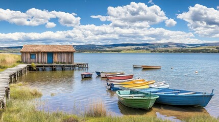 Obraz premium Lakeside boathouse with colorful boats