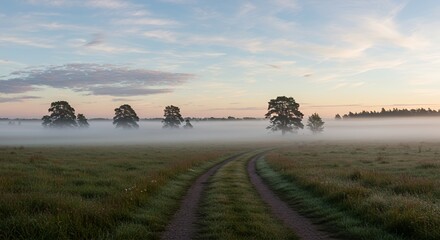 Obraz premium Early Summer Grassy Field Winding Dirt Path at Dawn with Misty Trees and Soft Clouds Blue Sky
