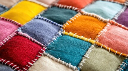 Close-up of a colorful patchwork quilt. the quilt is made up of squares of different colors, including red, orange, yellow, green, blue, and purple.