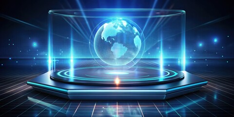 Advanced holographic display on a sleek podium with futuristic technology background, showcasing innovative light projection capabilities , hologram, innovation