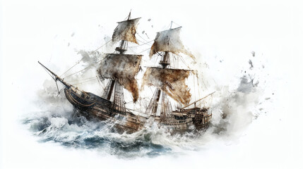 horizontal, seascape, ship, old-fashioned, antique, art, illustration, 19th century, archival, nautical vessel, old, retro style, water, sea, 1890-1899, 19th century style, art product, classical styl