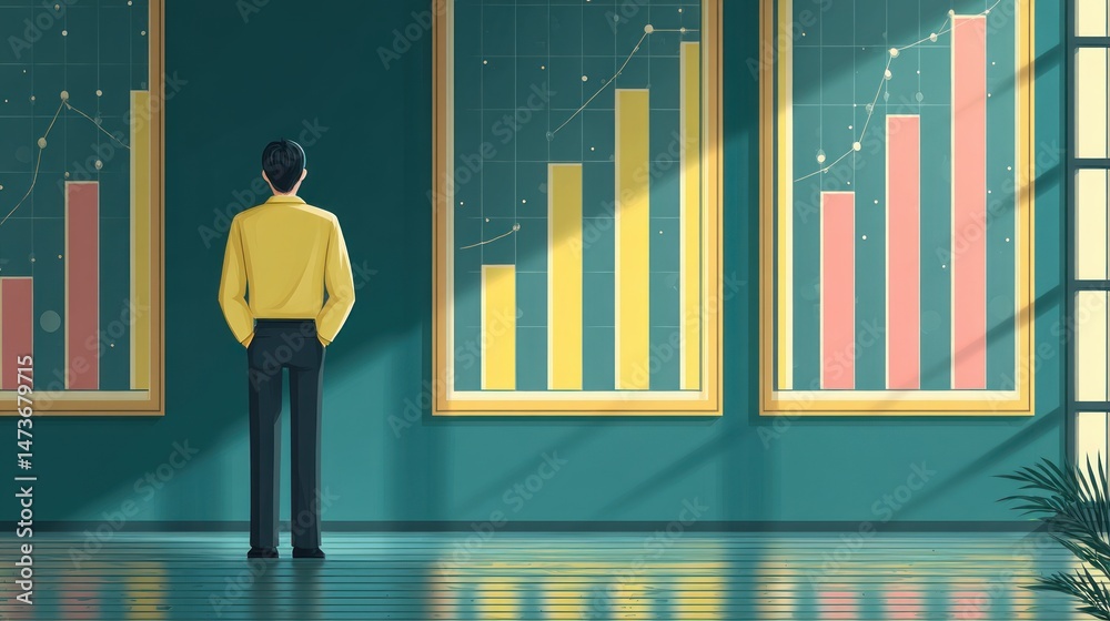 Poster man observing business growth charts in modern gallery setting
