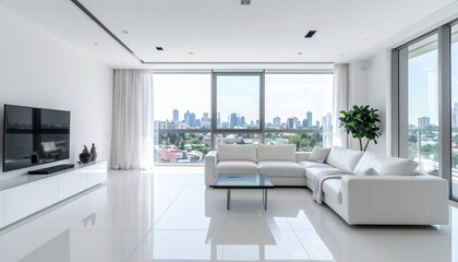 Modern minimalist living room with city view bright contemporary apartment interior