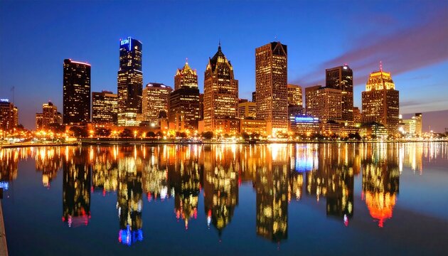 Detroit skyline in cityscape reflecting in river at night