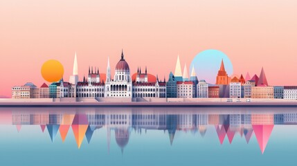 Stunning View of Budapest's Fisherman's Bastion at Sunset with Reflections