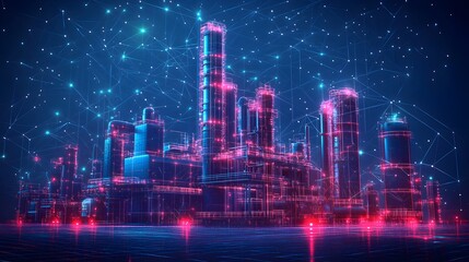 Futuristic industrial cityscape glows with neon outlines against a dark backdrop, showcasing digital connectivity. The reflected lights enhance its high-tech appeal. Abstract wireframe in dark blue