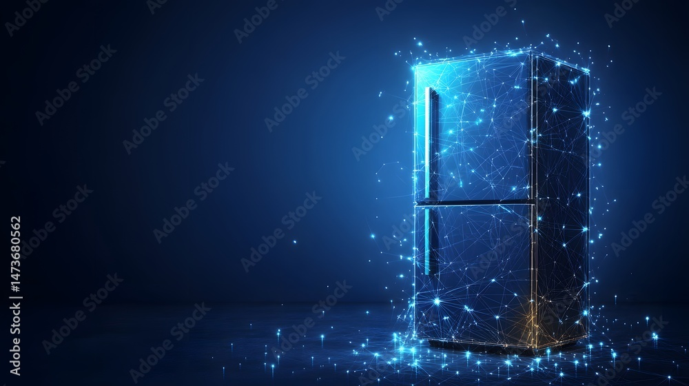 Poster futuristic refrigerator design, blending appliance aesthetics with digital connectivity. high-tech v