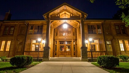 Obraz premium Elegant wooden building at nighttime grand entrance and exterior design