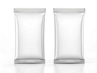 Two identical silver foil packets standing side by side—Minimalist Food Packaging Concept