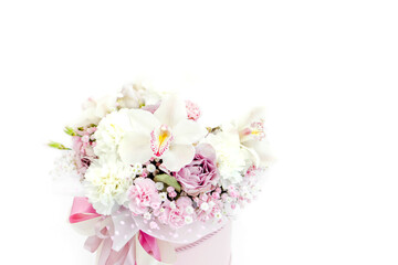 The bouquet is isolated on a white background with space for text. Background with flowers. A gift for a beloved woman. International Women's Day. Concept of love