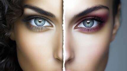 Artistic duality of beauty showcasing contrasting eye makeup styles inspired by diverse aesthetics and moods