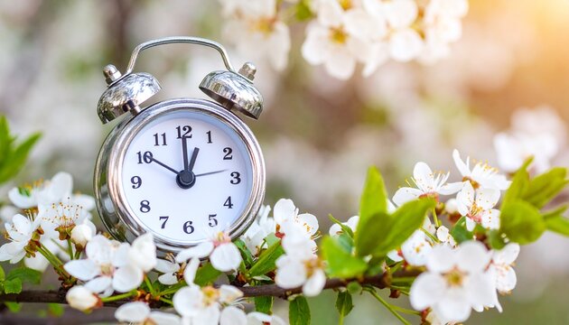 Spring time change with alarm clock and blossoming flowers in sunlight