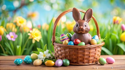 A chocolate bunny sitting on a colorful Easter basket filled with eggs and other spring-themed treats , springtime treat, colored eggs