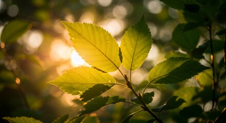Obraz premium Illuminated Green Leaves in Golden Sunlight Creates a Soft Hazy Foliage Background Perfect for Early Summer and Earth Day Themes With a Sense of Depth and Mystery