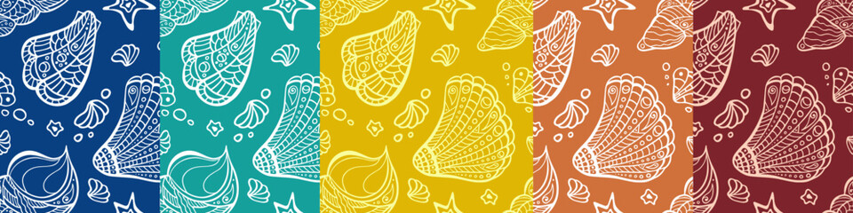 Polynesian shell irregular seamless pattern recolor collection. Zendoodle conch endless texture bundle. Maori sea random repeat boundless background. Tribal ocean surface design. Set in dark colors.