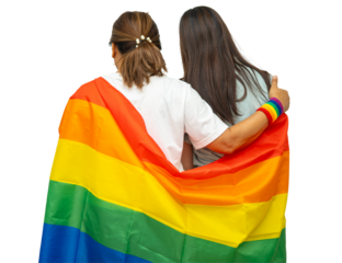 Asian couple woman with LGBT rainbow flag, PNG transparent clipart.