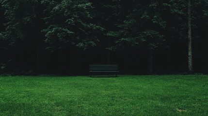 A dark green park bench sits in the middle of a grassy field, surrounded by trees.