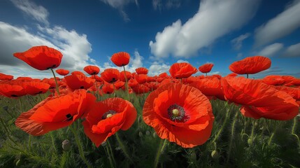 Vibrant poppy flowers cover a lush field under a bright blue sky with fluffy white clouds on a sunny day