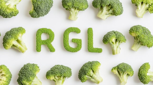Broccoli florets arranged around letters "RGL" formed from broccoli on a white background.