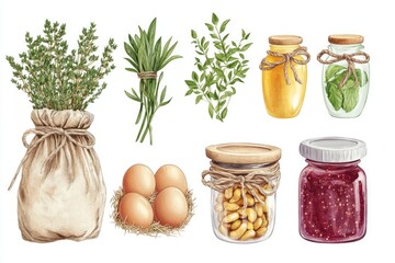 Rustic lifestyle items featuring fresh eggs, herbal bundles, and homemade jam jars