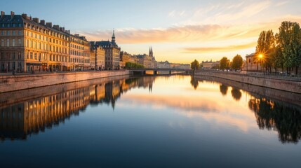 Fototapeta premium Tranquil View of European River and Cityscape During Golden Hour Reflection