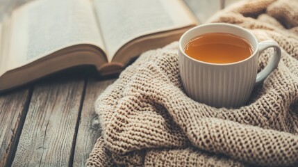 Cozy afternoon with a cup of tea and an open book on a wooden table wrapped in a warm blanket