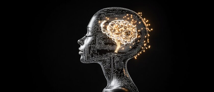 Glowing brain within a translucent head, profile view - Powered by Adobe
