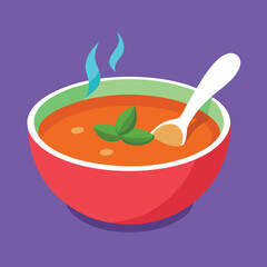 A red bowl of delicious vegetable soup with a spoon suggests a healthy vegetarian meal