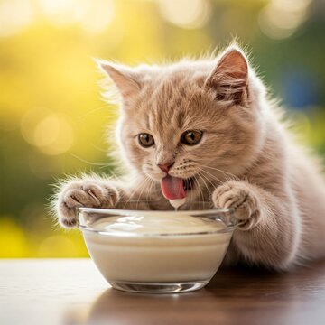 cat licking white yogurt and enjoying the treat