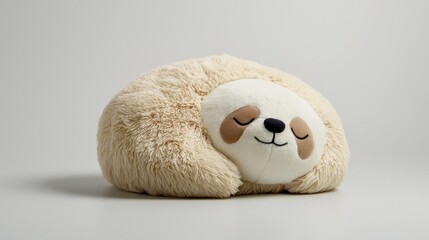 The image is of a stuffed sloth toy lying on its side on a plain white background. the sloth is made of a soft, plush material and has a light beige color.