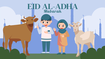 Eid al-Adha Celebration Background with Muslim Little Child Character Illustration.