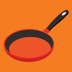 This is an isolated red frying pan, a metal kitchen utensil for cooking and frying
