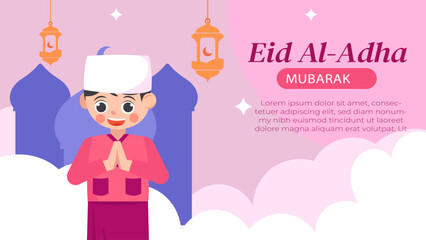 Eid al-Adha Celebration Pink Background with Muslim Little Child Character Illustration.