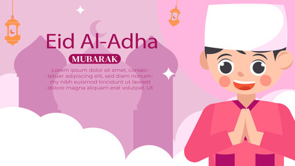 Eid al-Adha Celebration Pink Background with Muslim Little Child Character Illustration.
