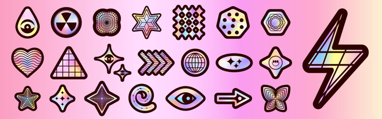 Retro hologram stickers set isolated on background. Vector realistic illustration of round, square, triangle, star, lightning shape silver gradient labels with icons, y2k quality guarantee stamps