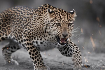 Obraz premium A fierce leopard prowls through the underbrush, displaying its striking spots and intense expression.