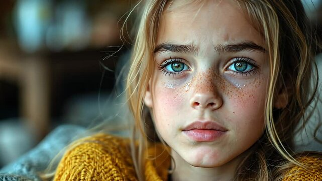 Sad teenage girl crying, emotional and vulnerable moment expressing pain, loneliness, and inner struggle.